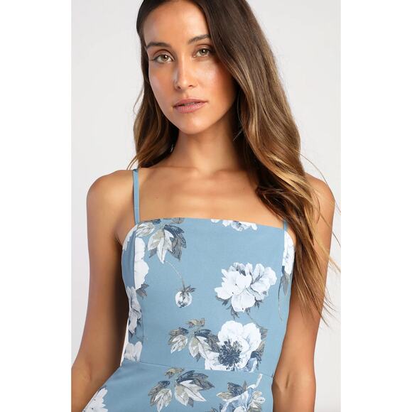 NEW Lulus Feeling Elegant Slate Blue Floral Print Lace Up Slit Maxi Dress Medium - Picture 4 of 12